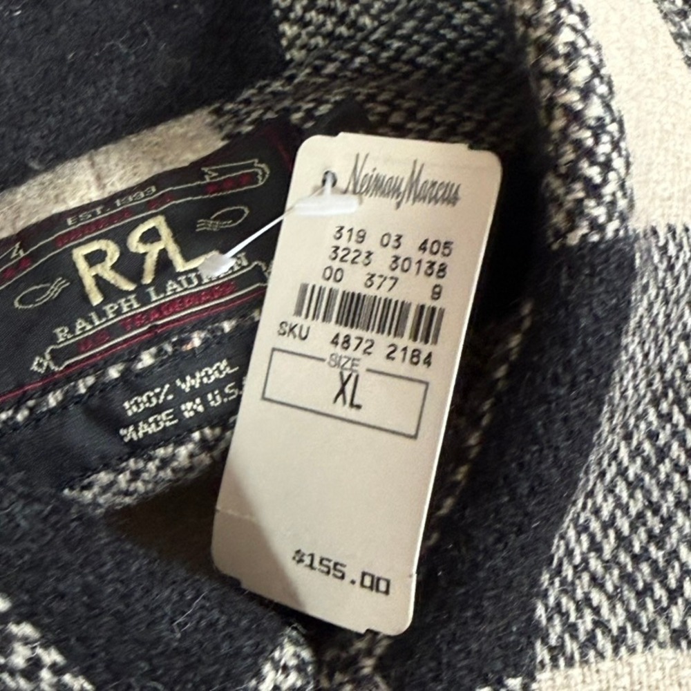VTG RRL Ralph Lauren Mens XL Wool Buffalo Plaid Work Shirt Black Cream USA NWT - Picture 8 of 12